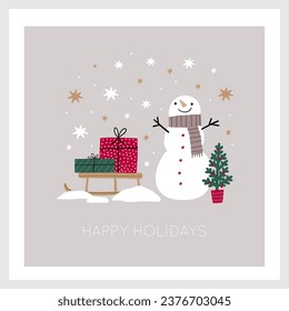 Cute cartoon Christmas snowman. Vector illustration with chracter bear in flat style. Holidays print. 