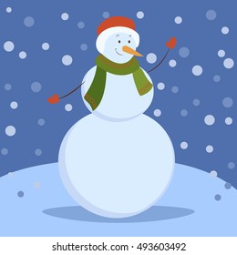 Cute cartoon Christmas snowman. Vector illustration of snow man. Santa Claus helper. Holiday Xmas concept. Cheerful snowman. Good for winter time greeting card, design, wrap, decoration.