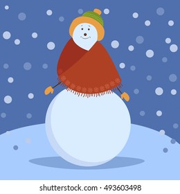 Cute cartoon Christmas snowman. Vector illustration of snow man. Santa Claus helper. Holiday Xmas concept. Cheerful snowman. Good for winter time greeting card, design, wrap, decoration.