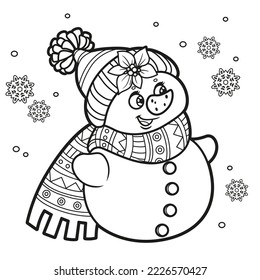 Cute cartoon Christmas snowman in a warm hat and scarf outlined for coloring page on white background