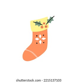 Cute cartoon Christmas sock with mistletoe leaves and berries in modern style isolated on white background.