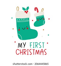 Cute cartoon Christmas socks mom and baby. Happy Holidays Vector print. Christmas flat illustrations - happy family. My first Christmas - lettering quote