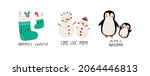 Cute cartoon Christmas socks, snowman, penguin - mom and baby. Happy Holidays Vector print. Christmas flat illustrations - happy family