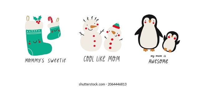 Cute cartoon Christmas socks, snowman, penguin - mom and baby. Happy Holidays Vector print. Christmas flat illustrations - happy family