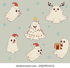 Cute cartoon Christmas spirits bundle, funny ghosts.