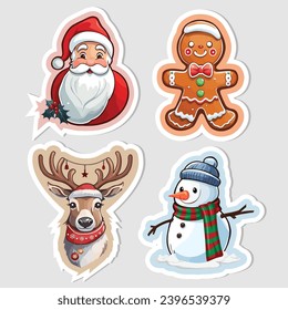 Cute Cartoon Christmas Stickers Set Vector Illustration