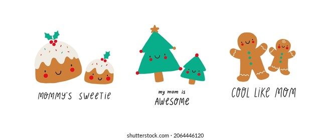 Cute cartoon Christmas tree, cake, cookie - mom and baby. Happy Holidays Vector print. Christmas flat illustrations - happy family