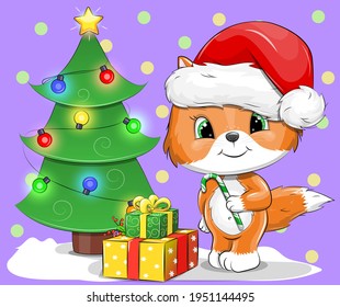 Cute cartoon Christmas tree, gifts and a fox wearing Santa hat. New Year vector illustration.