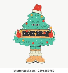 A cute cartoon Christmas tree in a hat and ugg boots holds a sign with a happy New year 2024. Vector illustration in retro style of old comics of the 50s-60s, isolated on a white background.