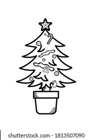 Cute cartoon Christmas tree, icon, emoji element on white background. Doodle black line decoration for logo, coloring, card and any design. Vector illustration about holiday.
