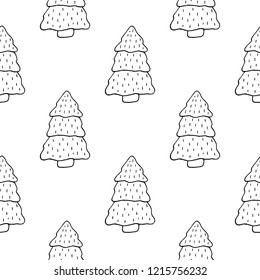 Cute cartoon christmas tree pattern with hand drawn christmas trees. Sweet vector black and white christmas tree pattern. Seamless monochrome doodle christmas tree pattern for textile and wallpapers.