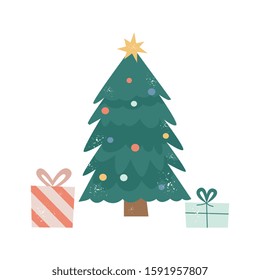 Cute cartoon Christmas tree with present boxes underneath - festive holiday tree with gold star and bauble ornaments and gifts. Isolated flat vector illustration.