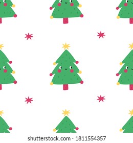 Cute cartoon Christmas tree print. Happy New Year kawaii tree seamless pattern