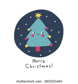 
Cute cartoon Christmas tree print. Happy New Year kawaii tree
