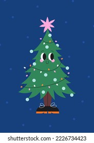 Cute Cartoon Weihnachtsbaum (scharfe Äste) mit einem Stern und anderen Dekorationen auf dunkelblauem Hintergrund und Schnee. Funny bunter Grußkarte.