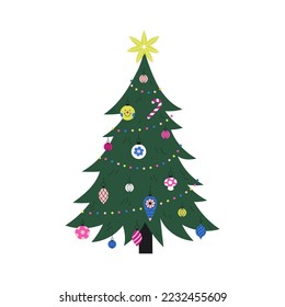 Cute cartoon Christmas Tree (sharp branches) with a star and other decorations on a white background. Vector illustration.