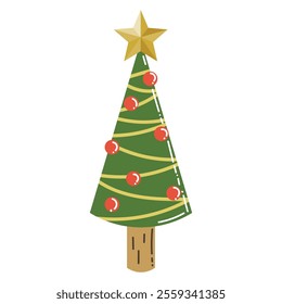 Cute cartoon Christmas tree with star and ball ornaments in flat style. Merry Christmas eve.