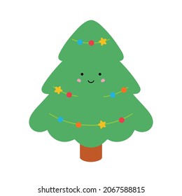 Cute cartoon christmas tree. Vector illustration, isolated on a white background.