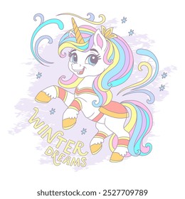 Cute cartoon Christmas unicorn with frosty patterns. Vector illustration in trendy soft colors. Happy New Year card for children. For print, cards, invitation, sublimation, t shirt and clothes design