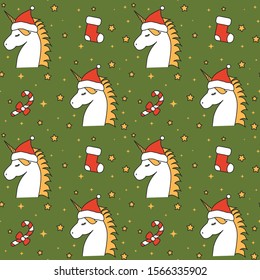cute cartoon christmas unicorn with santa claus hat seamless vector pattern background illustration with holidays elements