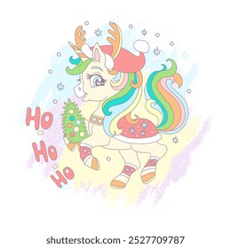Cute cartoon Christmas unicorn in Santa hat and snowflakes. Vector illustration in soft colors. Happy New Year card for children. For print, cards, invitation, sublimation, t shirt and clothes design