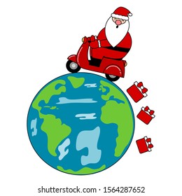 cute cartoon christmas vector illustration with Santa Claus driving scooter around the planet earth isolated on white background