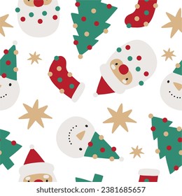 Cute Cartoon Christmas vector seamless pattern with Santa and Snowman