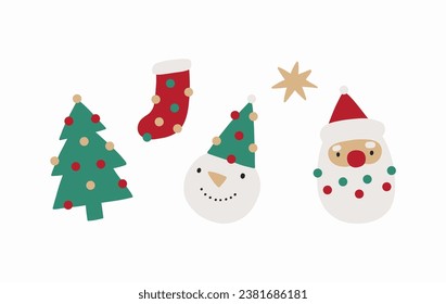 Cuto Caricatura Vector de Navidad con árbol de Navidad, Santa, Hombre de Nieve y estrella