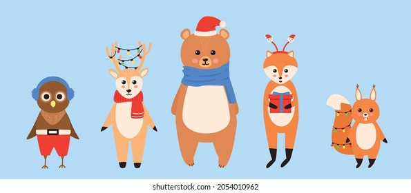 Cute cartoon christmas winter animals. Deer in a scarf with a garland in its horns. Squirrel with present box. Flat bear in scarf. Fox with a gift in his paws. Owl in fluffy headphones. 