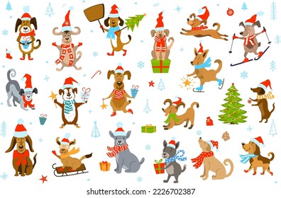 cute cartoon christmas winter dogs vector illustration