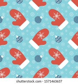 Cute cartoon christmas and winter seamless pattern background with mittens, christmas balls and snowflakes.