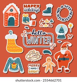 Cute cartoon Christmas and Yuletide sticker set for planners, diary, decoration. Ready for print list of kids stickers with greeting lettering, Santa Claus, snowy house, present. Hand drawn clipart.