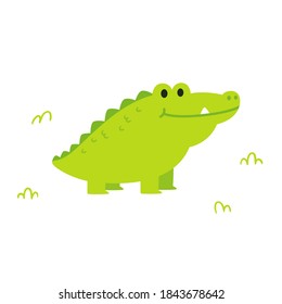 Cute cartoon chubby alligator or crocodile in simple flat cartoon style. Funny clip art illustration for kids. Isolated vector clip art drawing.