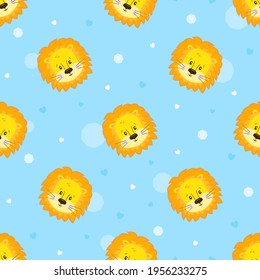 Cute cartoon chubby baby lion with thick fluffy mane, nice funny seamless vector pattern with muzzles and heads of lion cub on the blue background for kids.
