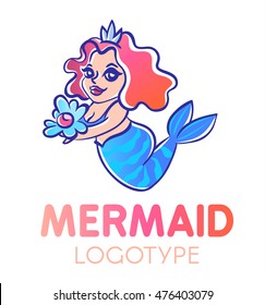 Cute cartoon chubby smiling mermaid with long red curly hair holding pearl in an open shell logotype.Curvy happy water nymph illustration.Child style kind undine logo. Water fairy showing marine gift.