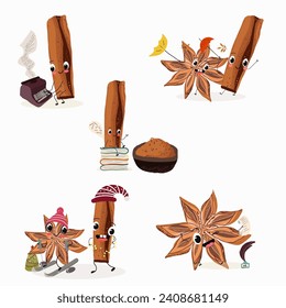 Cute cartoon cinnamon character set, spices, collection. Flat vector illustration. Autumn, umbrellas, Christmas, Christmas tree, skiing, garland, poetry day..
