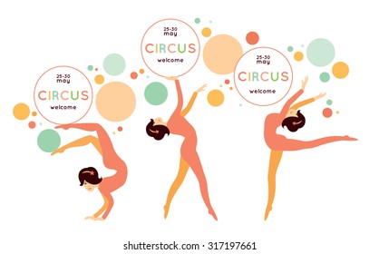 Cute cartoon circus collection. Beautiful circus poster with acrobat. Set of young cute woman in a different of dance positions