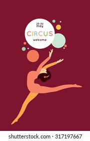 Cute cartoon circus collection. Beautiful circus poster with acrobat. Young cute woman 