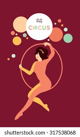Cute cartoon circus collection. Beautiful circus poster with acrobat. Young cute woman 