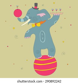 Cute cartoon circus  elephant balancing on the ball