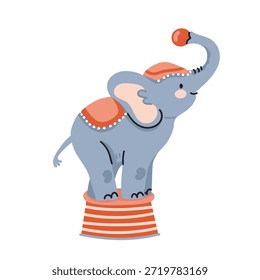 Un elefante lindo del circo de la historieta que se coloca en un barril y que equilibra una bola en su tronco, conveniente para los diseños de los niños, estilo plano