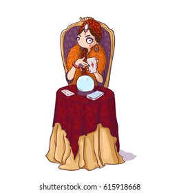 Cute cartoon circus fortune teller with her crystal ball and Holding a Card. Vector illustration.
