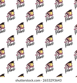 Cute Cartoon Classical Music Piano Lineup Pattern. Focused on classical music, piano learning, or musical instruments. Ideal for musicians, teachers, and piano lovers.