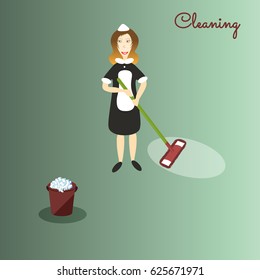 Cute cartoon cleaner in dark dress and white apron with the tools for housekeeping: a burgundy bucket with soapy foam, MOP with green handle and cloth. Green background. Vector illustration. Cleaning 
