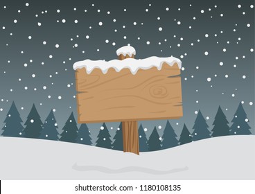 Cute Cartoon Clip Art - Blank wooden direction sign with Falling snow. Empty wooden pointer with white snow and pine forest background, Christmas background