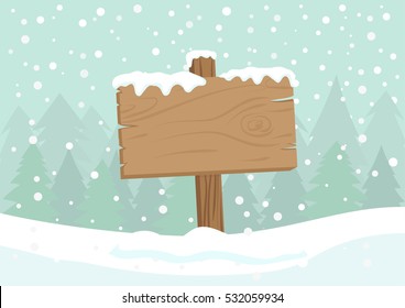 Cute Cartoon Clip Art - Blank Wooden Direction Sign With Falling Snow. Empty Wooden Pointer With White Snow And Pine Forest Background, Christmas Background