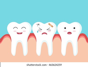 Cute Cartoon Clip Art - Close up of teeth character with red gum on blue background, Happy and smiling tooth with red gum, Tooth icon with broken and crying face, Tooth get sick - Vector EPS 10