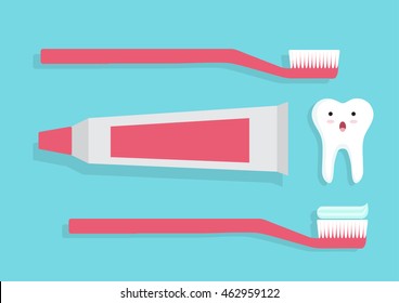 Cute Cartoon Clip Art - Pink color of toothbrush with toothpaste and cute tooth cartoon icon on blue background, Dental care, Happy Tooth and smiling tooth - Vector EPS 10