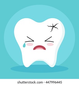 Cute Cartoon Clip Art - Tooth icon with broken and crying face on blue background, Tooth get sick - Vector EPS 10