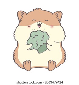 Cute Cartoon Clip Art Hamster. Hamstergrafik. Hamster mit einem süßen Lächeln isst Broccoli. Cartoon Clip Art Tier für Kinder Aktivität Hemd Print, Plakate, Etikett, Pflaster oder Aufkleber.